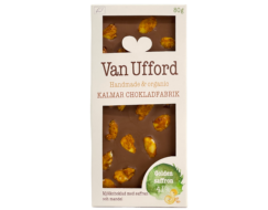 En bild som visar Van Ufford Chokladkaka Golden saffron - mjölkchoklad 41% med saffran och mandel från Kalmar Chokladfabrik