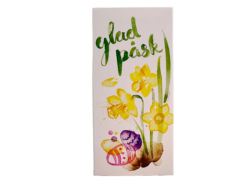En bild som visar Presentomslag Glad påsk med illustration av påskliljor och påskägg