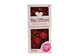 En bild som visar Van Ufford Chokladkaka Strawberry delight - mörk choklad med jordgubbar från Kalmar Chokladfabrik