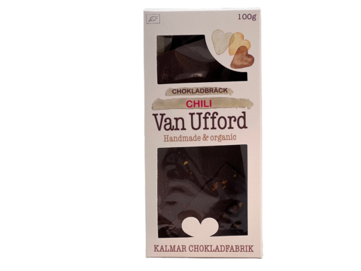 En bild som visar Van Ufford Chokladbräck Mörk Choklad med chili tillverkad av Kalmar Chokladfabrik
