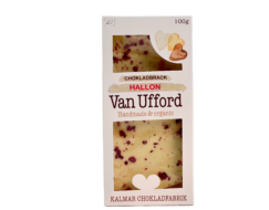 En bild som visar Van Ufford Chokladbräck Vit Choklad med hallon tillverkad av Kalmar Chokladfabrik