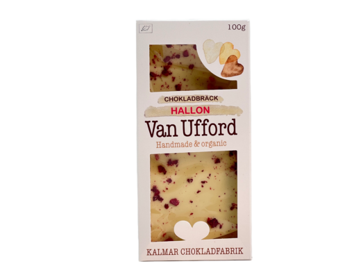 En bild som visar Van Ufford Chokladbräck Vit Choklad med hallon tillverkad av Kalmar Chokladfabrik