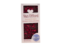 En bild som visar Van Ufford Chokladkaka Blues Away - mörk choklad med hallon och lakrits från Kalmar Chokladfabrik