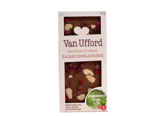 En bild som visar Lingonberry Jingle med mjölkchoklad, mandel, lingon och kardemumma tillverkad av Kalmar Chokladfabrik