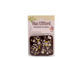 En bild som visar Minichokladkaka i mörk choklad md Fläderkaramell tillverkad av Kalmar Chokladfabrik
