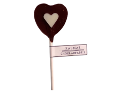 En bild som visar en hjärtklubba i mörk choklad och vit choklad
