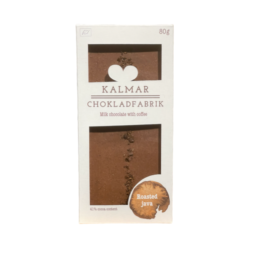 En bild som visar Roasted Java - Ekologisk chokladkaka med mjölkchoklad 41% och kaffe. Handgjord premiumchoklad tillverkad i Sverige av Kalmar Chokladfabrik.