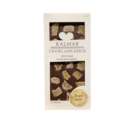 En bild som visar Ginger sweet - Handgjord och ekologisk chokladkaka i mörk 70% choklad med kanderad ingefära tillverkad av Kalmar Chokladfabrik.