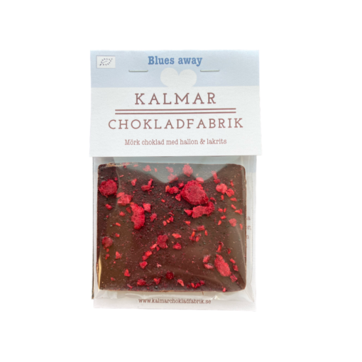 Bilden visar Mini Blues away- minichokladkaka i mörk choklad med hallon och lakrits från Kalmar Chokladfabrik